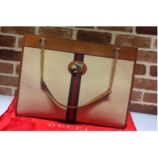 Gucci 536416 Rajah GG tote Bag in Beige Denim with Brown leather