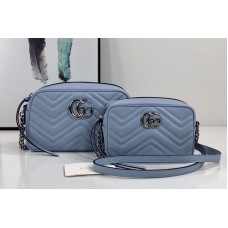 Gucci 448065 GG Marmont matelasse mini bag in Pastel Blue matelasse chevron leather with GG