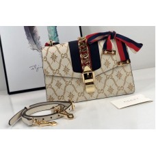 Gucci 524405 Beige Sylvie GG rhombus flower small shoulder bag in Gold GG rhombus flower with Web