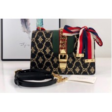 Gucci 524405 Black Sylvie GG rhombus flower small shoulder bag in Gold GG rhombus flower with Web