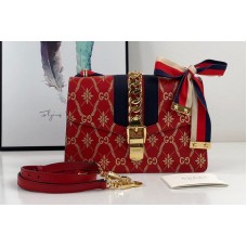 Gucci 524405 Red Sylvie GG rhombus flower small shoulder bag in Gold GG rhombus flower with Web