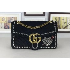 Gucci 443496 GG Marmont Velvet With Heart Shoulder Bag Black