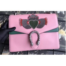 Gucci 403348 Dionysus Embroidered Leather Shoulder Bag Pink/Green