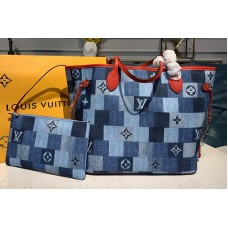 Louis Vuitton M44981 LV Neverfull mm tote bags in Blue/Red Monogram Denim canvas