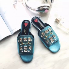 Gucci Leather slide with crystals 432018 in light blue metallic leather