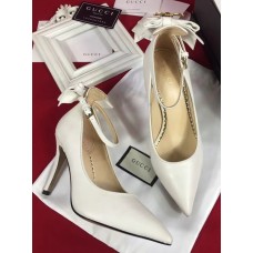 Gucci Heel 10cm Leather Pump Bow With Metal Bee 496590 White 2018