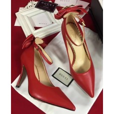 Gucci Heel 10cm Leather Pump Bow With Metal Bee 496590 Red 2018