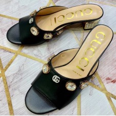 Gucci Lyric GG Crystal Embellished Heel Moire Mules Black 2019