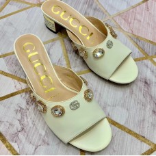 Gucci Lyric GG Crystal Embellished Heel Moire Mules White 2019