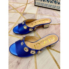 Gucci Lyric GG Crystal Embellished Heel Moire Mules Blue 2019