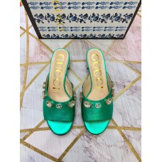 Gucci Lyric GG Crystal Embellished Heel Moire Mules Green 2019