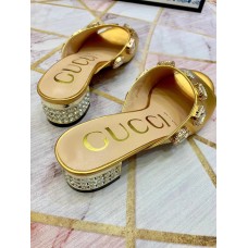 Gucci Lyric GG Crystal Embellished Heel Moire Mules Gold 2019