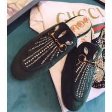 Gucci Princetown Velvet Slipper With Crystals 505314 Dark Green 2018