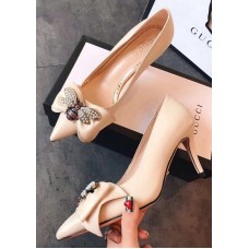 Gucci Leather Heel 7cm Mid-Heel Pumps With Bow 496641 Apricot 2018