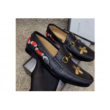 Gucci Leather Horsebit loafer with Bee Print Black Leather