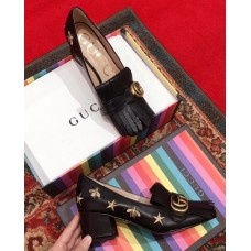 Gucci Heel 4.5cm Double G Fringe Leather Pumps Gold Thread Embroidered Bees And Stars 551548 Black 2018