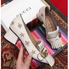 Gucci Heel 4.5cm Double G Fringe Leather Pumps Gold Thread Embroidered Bees And Stars 551548 White 2018