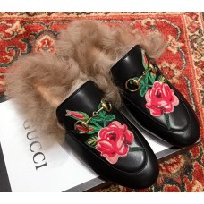 Gucci Princetown Leather Fur Slipper Black Flowers