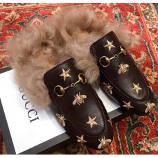 Gucci Princetown Leather Fur Slipper Black Bee And Star