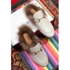 Gucci Princetown Leather Fur Slipper White