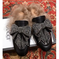 Gucci Princetown Crystal Embroidered Bow With Lamb Fur Slipper Horsebit Detail 471955 Black