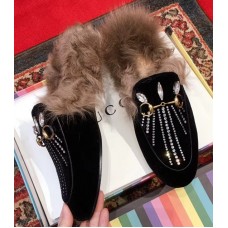 Gucci Princetown Velvet Fur Slipper With Crystals Black