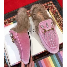 Gucci Princetown Velvet Fur Slipper With Crystals Pink