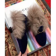 Gucci Princetown Jordaan Fur Wool Loafer 496626 Velvet Blue 2018