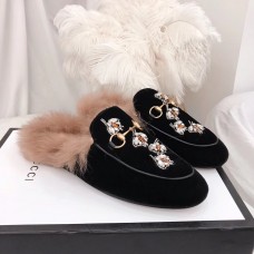 Gucci Princetown Leather Fur Slipper Black Crystals Bees 2018