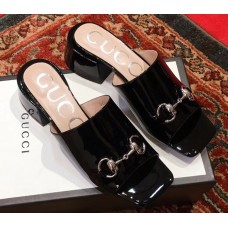 Gucci Patent Leather Horsebit 5cm Mid-Heel Slides 543188 Black 2019