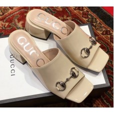 Gucci Patent Leather Horsebit 5cm Mid-Heel Slides 543188 Beige 2019