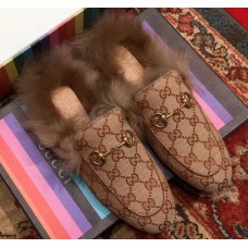 Gucci Princetown GG Canvas Fur Slipper 448657 Beige 2018