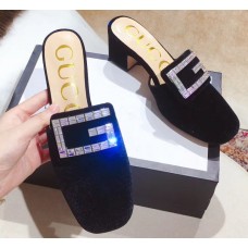 Gucci Heel 6cm Crystal G Slipper Mules Velvet Black 2019