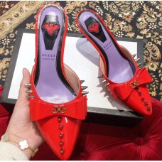 Gucci Heel 8cm Patent Leather Silver-toned Spikes Mules with Bow Red 2019