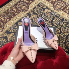 Gucci Heel 8cm Patent Leather Silver-toned Spikes Mules with Bow Nude Pink 2019