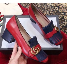 Gucci Double G Fringe Leather Mid-heel 4.5cm Pumps Red/Blue 2019