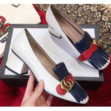 Gucci Double G Fringe Leather Mid-heel 4.5cm Pumps White/Blue/Red 2019