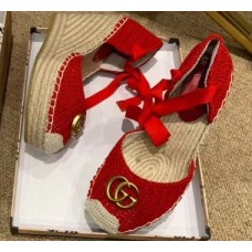 Gucci Double G Crochet Platform 10cm Espadrille with Grosgrain Lace-up Red