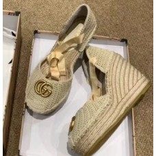 Gucci Double G Crochet Platform 10cm Espadrille with Grosgrain Lace-up Beige