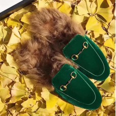 Gucci Princetown Calfskin Horsebit Detail Slipper With Fur Green 2017