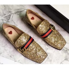 Gucci Heel 5cm Glitter Double G Square Toe Loafter 476726 Gold 2017