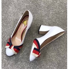 Gucci Leather Pump with Web Bow 8cm Heel 432044 White 2018