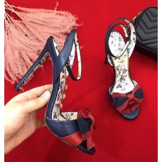 Gucci Leather Sandal with Web Bow 519483 Navy Blue 10cmHeel 2018