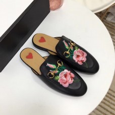 Gucci Princetown Flower Leather Slipper ‎449267 Black 2018