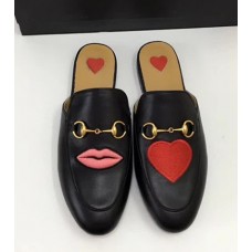 Gucci Princetown Heart Embroidery Leather Slipper Black 2018