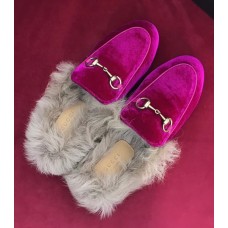 Gucci Princetown Velet Horsebit Detail Slipper With Fur 448657 Fuchsia 2017