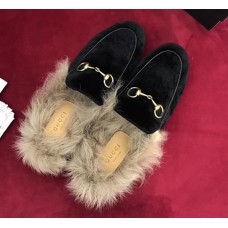 Gucci Princetown Velet Horsebit Detail Slipper With Fur 448657 Black 2017