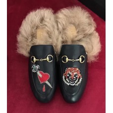 Gucci Princetown Calfskin Horsebit Detail Applique Slipper With Fur 2017