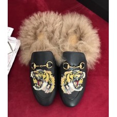 Gucci Princetown Calfskin Horsebit Detail Embroidered Tiger Slipper With Fur 2017