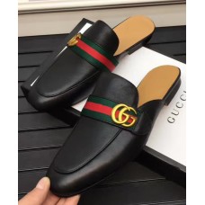 Gucci Pincetown Double G Calfskin Web Strap Men's Slipper 469891 Black 2017